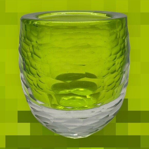 Faceted Green and Clear Art Glass Votive Holder Heavy Quality Glass Collectible - Picture 4 of 15